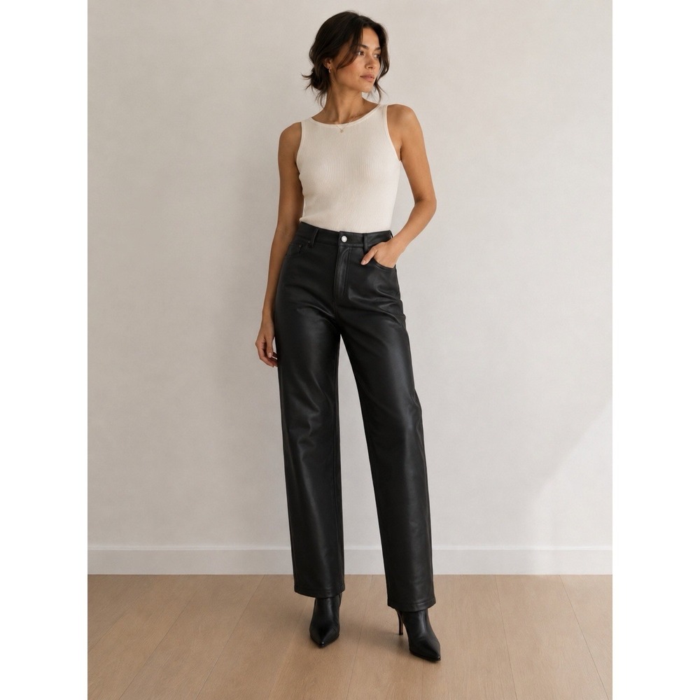 J.Crew Kate Faux Leather Pants Black Straight Leg High Rise Quiet Luxury Chic 2T